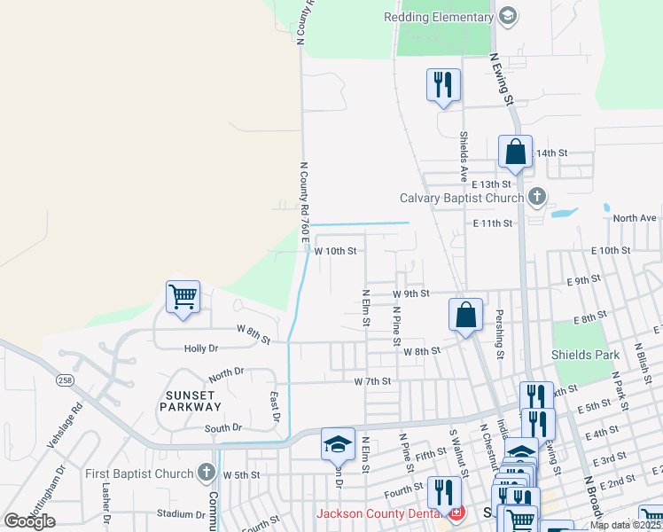 map of restaurants, bars, coffee shops, grocery stores, and more near 992 James Avenue in Seymour