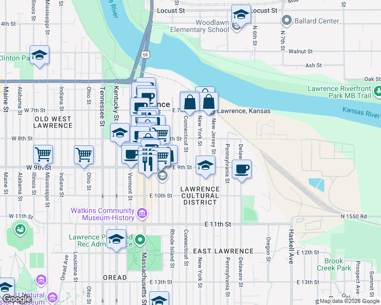 map of restaurants, bars, coffee shops, grocery stores, and more near 822 Connecticut Street in Lawrence