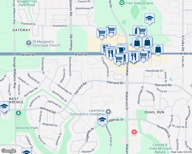 map of restaurants, bars, coffee shops, grocery stores, and more near 909 Biltmore Court in Lawrence