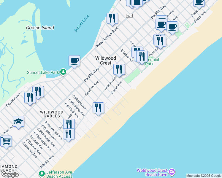 map of restaurants, bars, coffee shops, grocery stores, and more near 406 East Stanton Road in Wildwood Crest