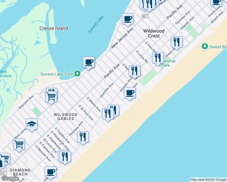 map of restaurants, bars, coffee shops, grocery stores, and more near 304 Farragut Road in Wildwood