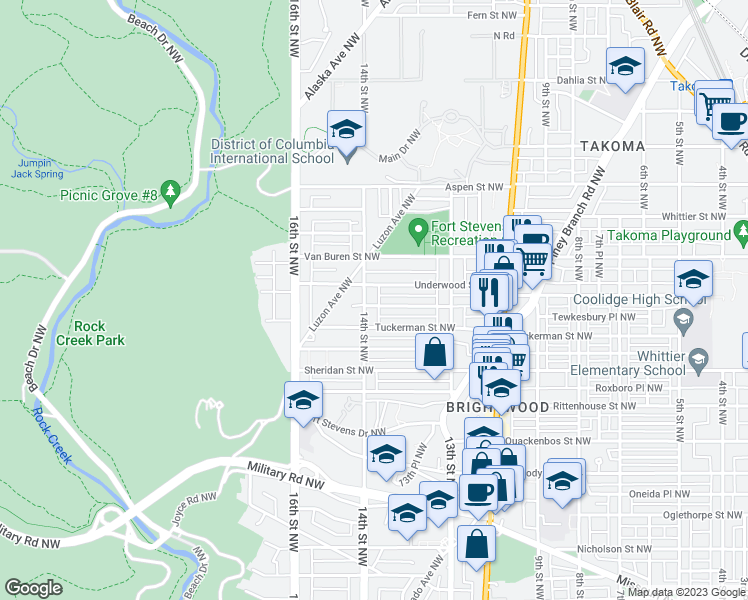 map of restaurants, bars, coffee shops, grocery stores, and more near 6425 14th Street Northwest in Washington