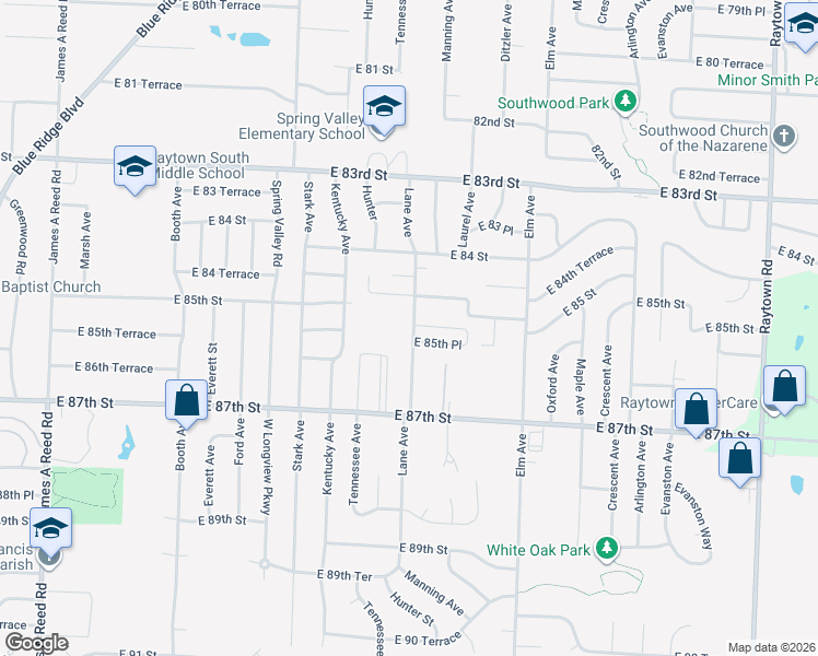 map of restaurants, bars, coffee shops, grocery stores, and more near 9001 East 85th Terrace in Raytown