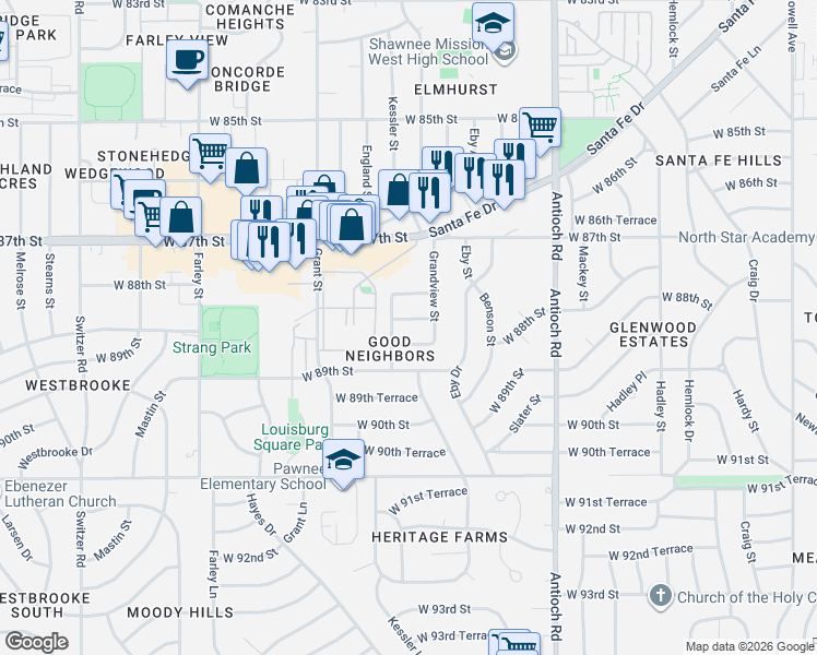 map of restaurants, bars, coffee shops, grocery stores, and more near 9115 West 88th Street in Overland Park