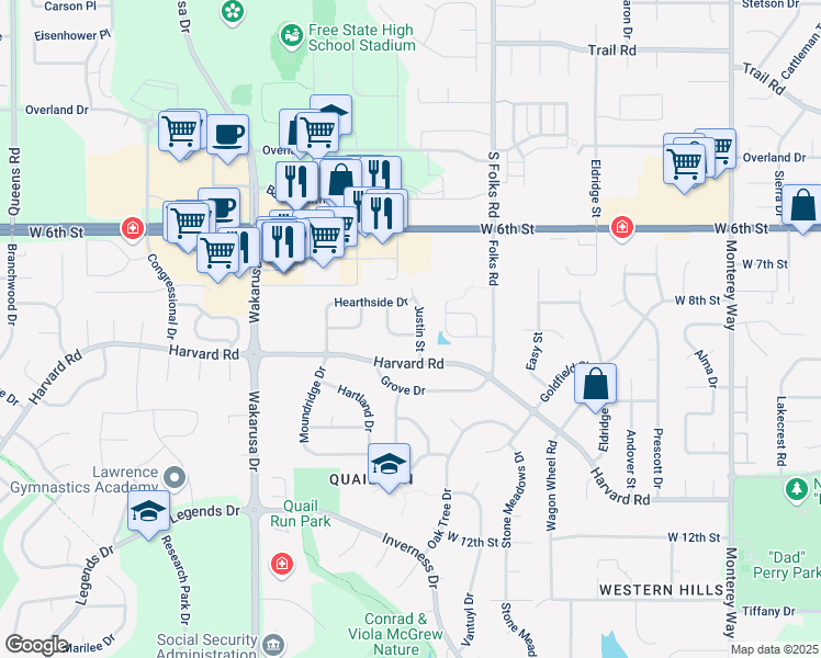 map of restaurants, bars, coffee shops, grocery stores, and more near 813 Justin Street in Lawrence