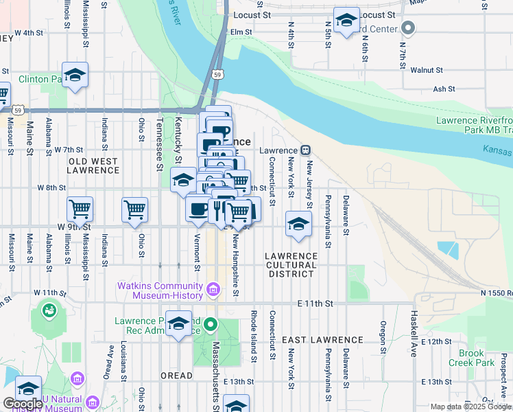 map of restaurants, bars, coffee shops, grocery stores, and more near 822 Rhode Island Street in Lawrence