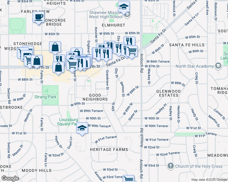 map of restaurants, bars, coffee shops, grocery stores, and more near 8805 Grandview Street in Overland Park