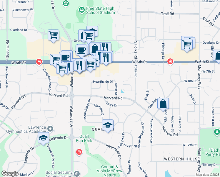 map of restaurants, bars, coffee shops, grocery stores, and more near 813 Justin Street in Lawrence