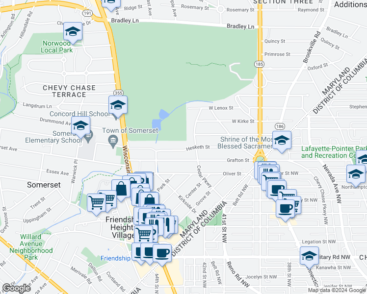 map of restaurants, bars, coffee shops, grocery stores, and more near 107 Hesketh Street in Chevy Chase