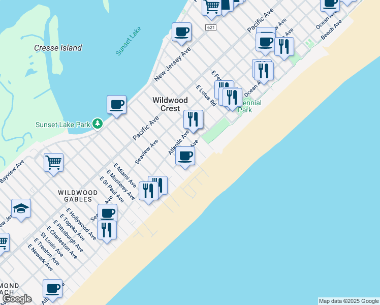 map of restaurants, bars, coffee shops, grocery stores, and more near 501 East Stockton Road in Wildwood