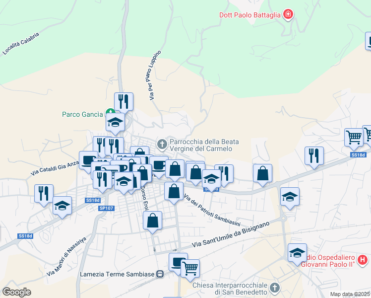 map of restaurants, bars, coffee shops, grocery stores, and more near 73bis Via Generale La Marmora in Lamezia Terme