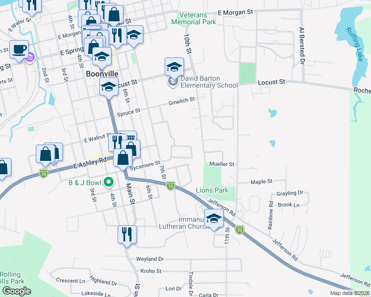 map of restaurants, bars, coffee shops, grocery stores, and more near 812 Christus Drive in Boonville