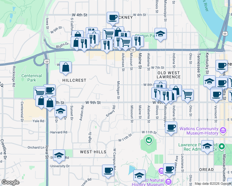 map of restaurants, bars, coffee shops, grocery stores, and more near 817 Canterbury Lane in Lawrence