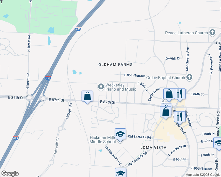 map of restaurants, bars, coffee shops, grocery stores, and more near 8606 Cambridge Avenue in Kansas City