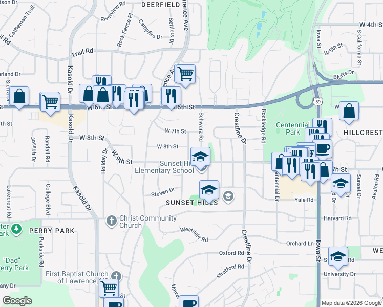 map of restaurants, bars, coffee shops, grocery stores, and more near 810 Wellington Road in Lawrence