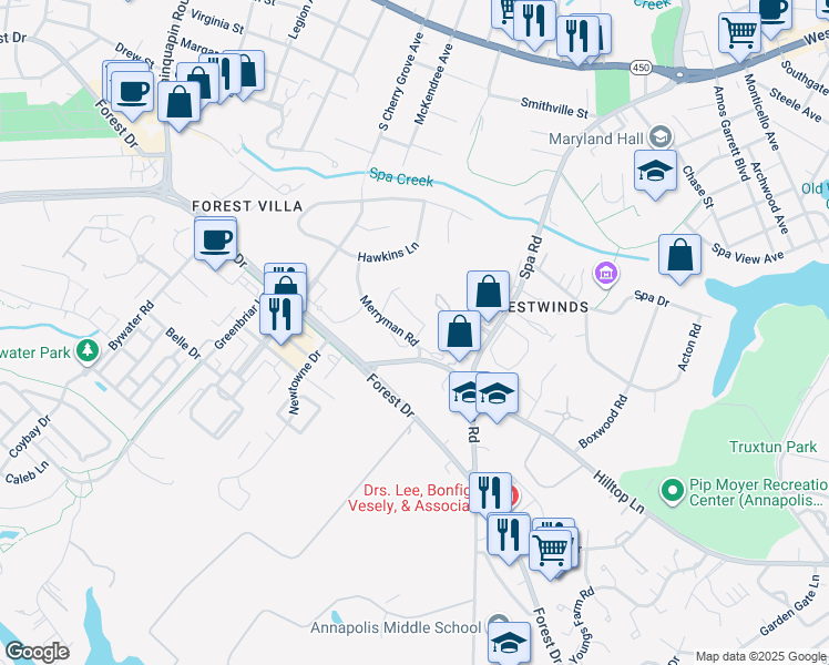 map of restaurants, bars, coffee shops, grocery stores, and more near 82 Heritage Court in Annapolis