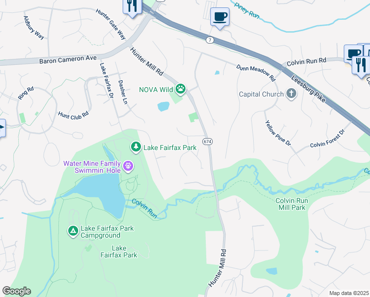 map of restaurants, bars, coffee shops, grocery stores, and more near 10600 Little Run Farm Court in Vienna