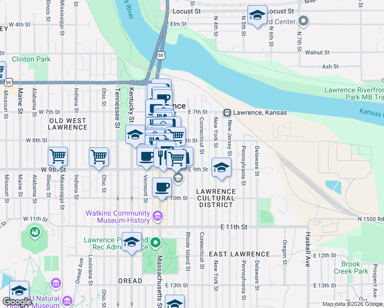 map of restaurants, bars, coffee shops, grocery stores, and more near 822 Rhode Island Street in Lawrence