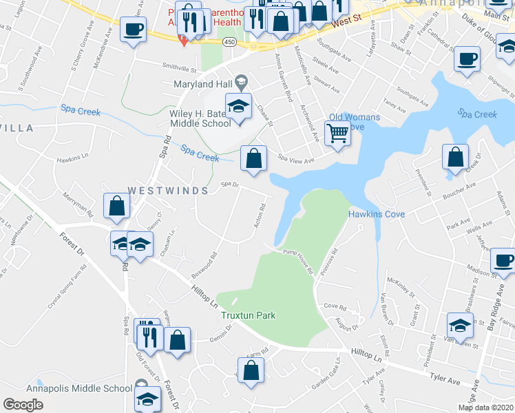 map of restaurants, bars, coffee shops, grocery stores, and more near 195 Acton Road in Annapolis