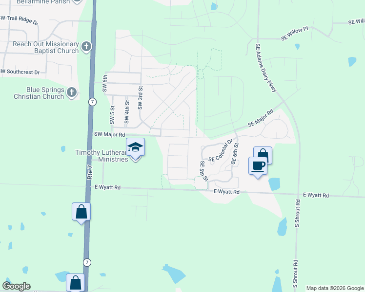 map of restaurants, bars, coffee shops, grocery stores, and more near 26416-27800 East Wyatt Road in Blue Springs