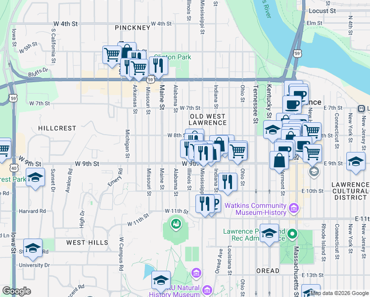 map of restaurants, bars, coffee shops, grocery stores, and more near 821 Illinois Street in Lawrence