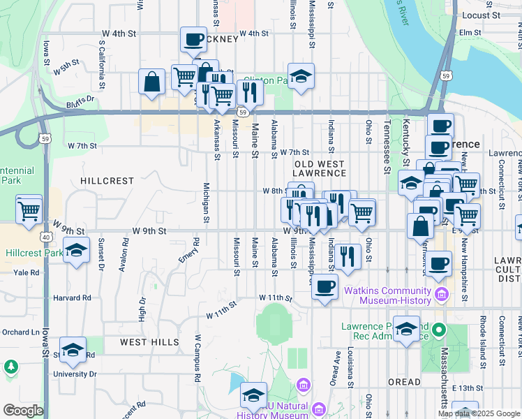 map of restaurants, bars, coffee shops, grocery stores, and more near 820 Maine Street in Lawrence