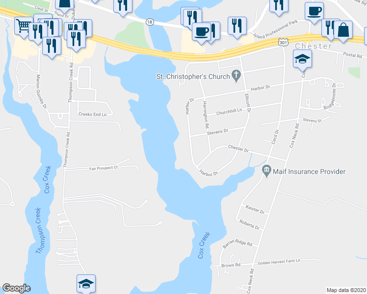 map of restaurants, bars, coffee shops, grocery stores, and more near 1769 Harbor Drive in Chester