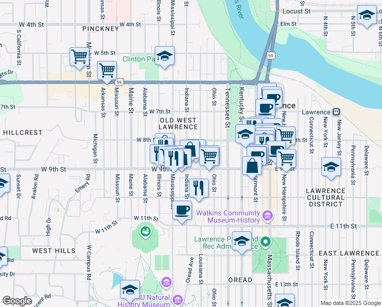 map of restaurants, bars, coffee shops, grocery stores, and more near 820 Indiana Street in Lawrence