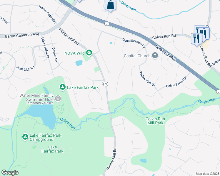 map of restaurants, bars, coffee shops, grocery stores, and more near 1323 Hunter Mill Road in Vienna