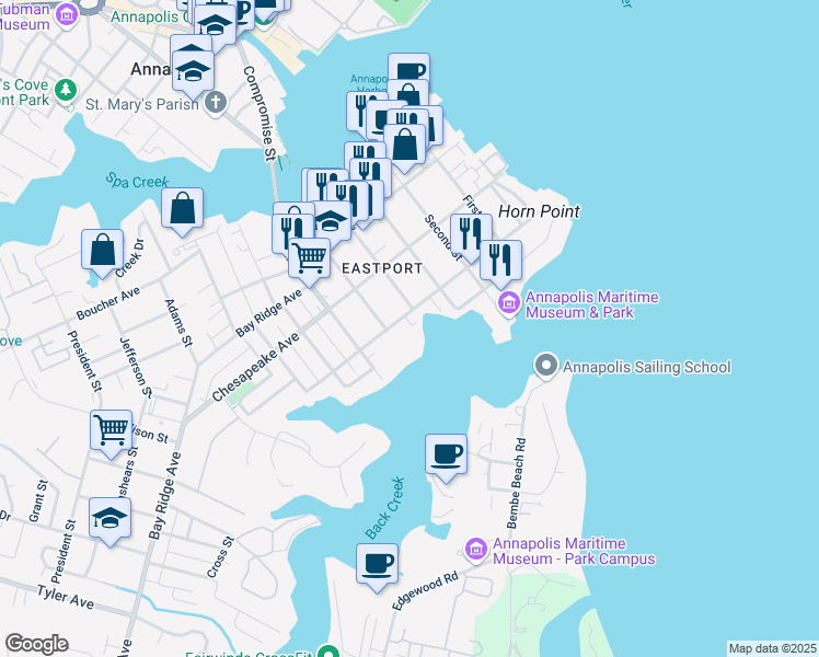 map of restaurants, bars, coffee shops, grocery stores, and more near 419 Chester Avenue in Annapolis