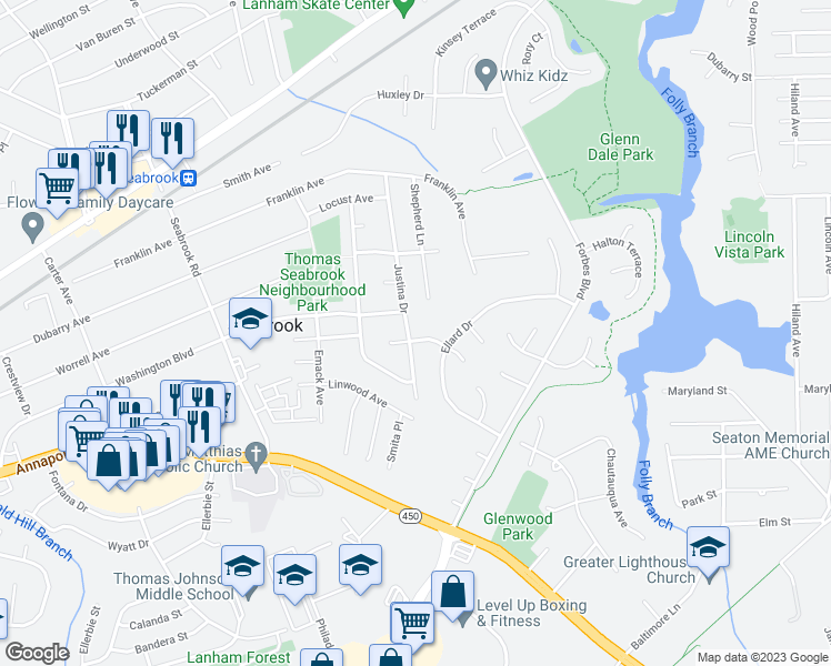 map of restaurants, bars, coffee shops, grocery stores, and more near 5701 Justina Drive in Lanham
