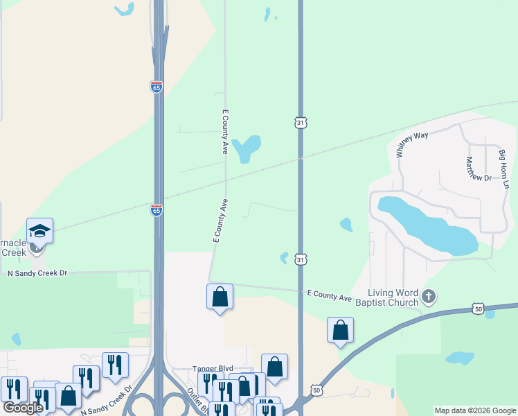 map of restaurants, bars, coffee shops, grocery stores, and more near 5948 U.S. 31 in Seymour