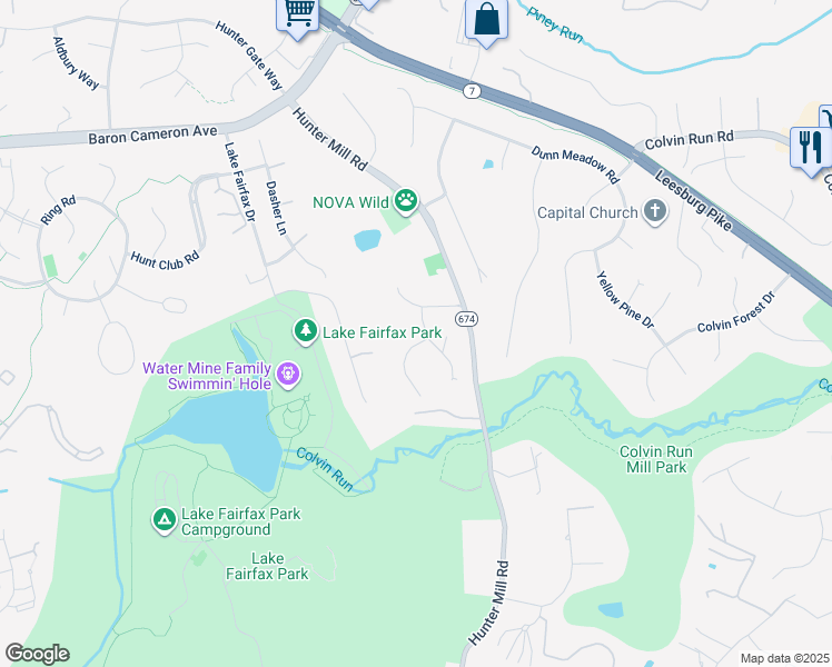 map of restaurants, bars, coffee shops, grocery stores, and more near 10600 Little Run Farm Court in Vienna
