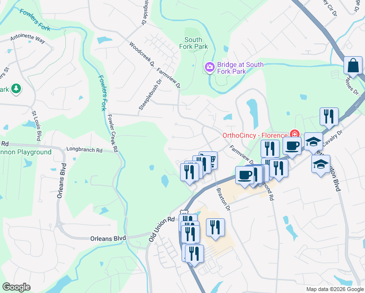 map of restaurants, bars, coffee shops, grocery stores, and more near 36 Barnwood Court in Florence