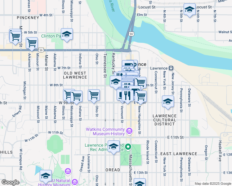 map of restaurants, bars, coffee shops, grocery stores, and more near 818 Kentucky Street in Lawrence