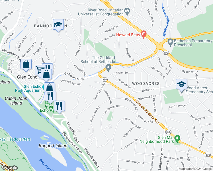 map of restaurants, bars, coffee shops, grocery stores, and more near 5805 Bent Branch Road in Bethesda
