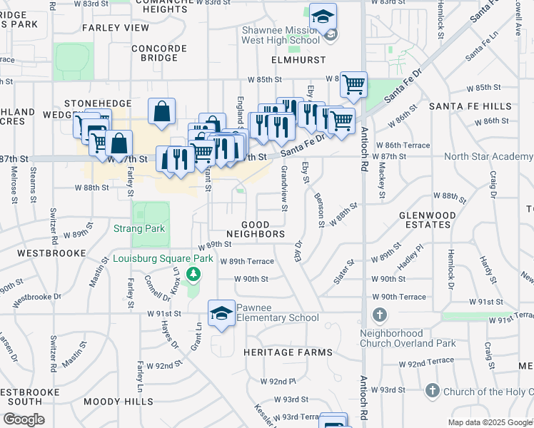 map of restaurants, bars, coffee shops, grocery stores, and more near 9115 West 88th Street in Overland Park