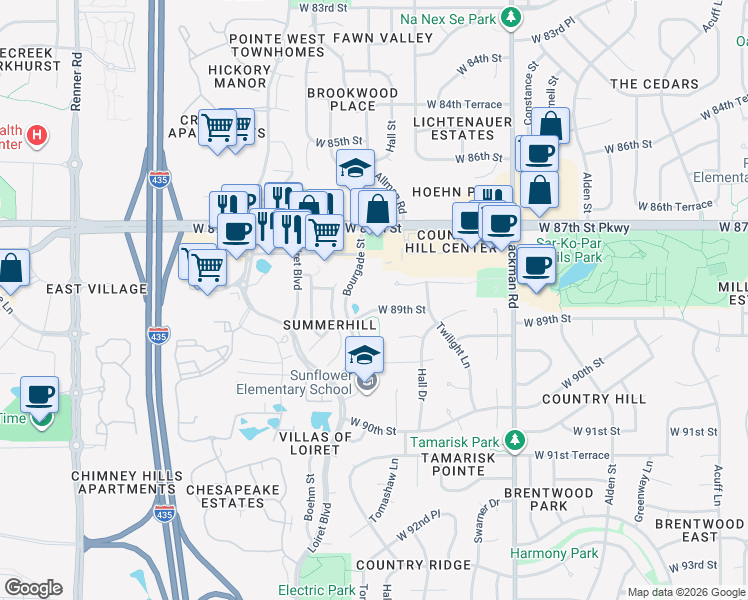 map of restaurants, bars, coffee shops, grocery stores, and more near 8877 Bourgade Avenue in Lenexa
