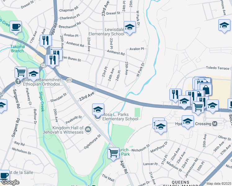 map of restaurants, bars, coffee shops, grocery stores, and more near 2423 Sheridan Street in Hyattsville