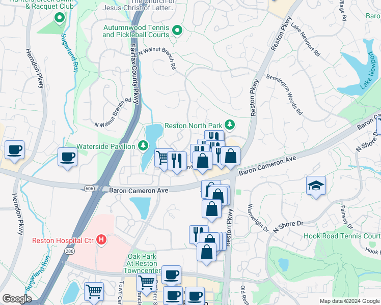 map of restaurants, bars, coffee shops, grocery stores, and more near 1704 Quietree Drive in Reston