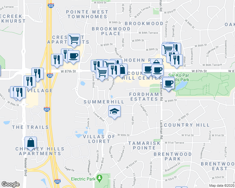 map of restaurants, bars, coffee shops, grocery stores, and more near 8877 Bourgade Avenue in Lenexa