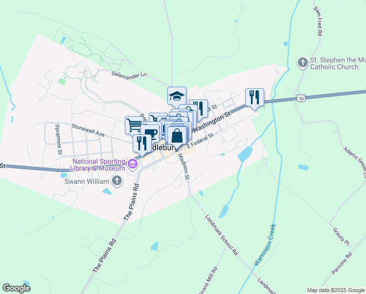 map of restaurants, bars, coffee shops, grocery stores, and more near 10 East Federal Street in Middleburg
