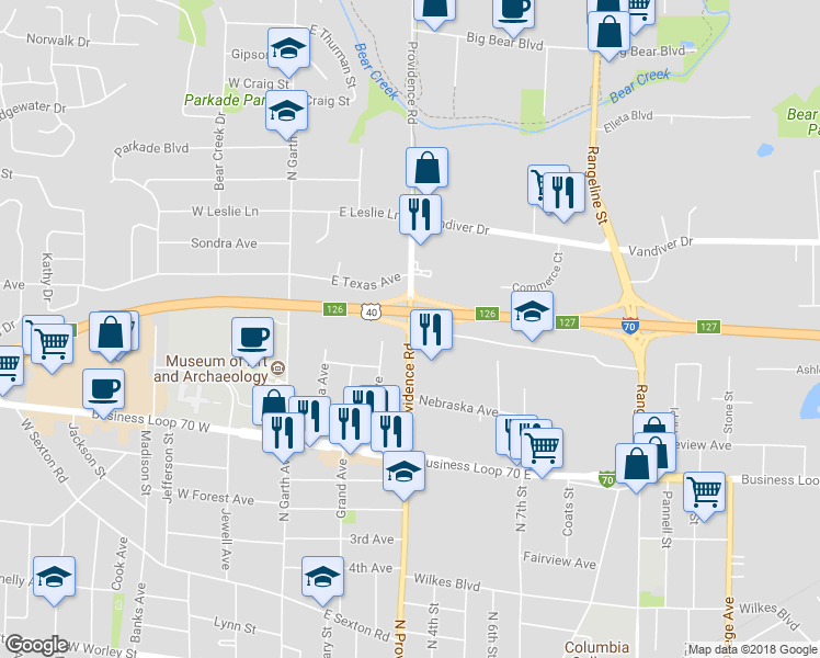 map of restaurants, bars, coffee shops, grocery stores, and more near 1612 Providence Road in Columbia