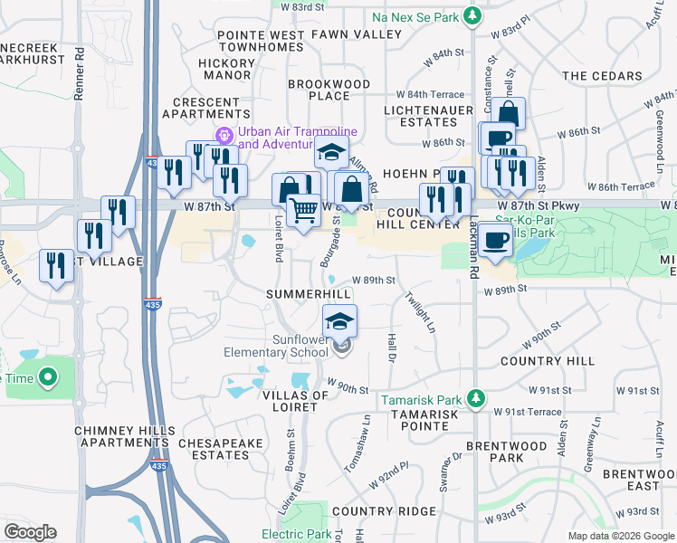 map of restaurants, bars, coffee shops, grocery stores, and more near 8877 Bourgade Avenue in Lenexa