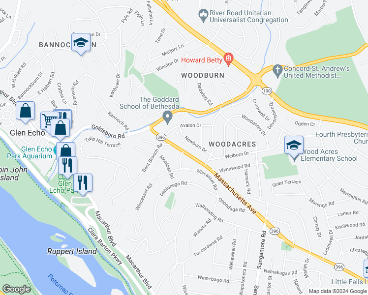 map of restaurants, bars, coffee shops, grocery stores, and more near 6305 Massachusetts Avenue in Bethesda