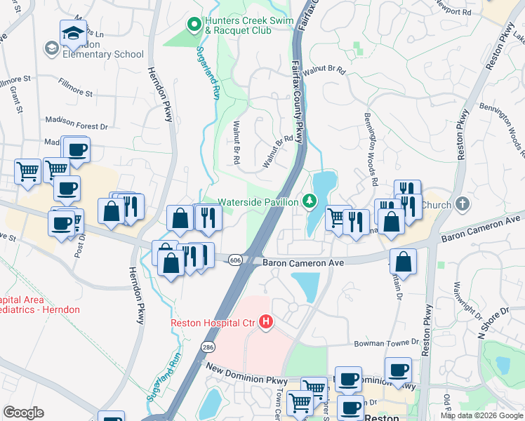 map of restaurants, bars, coffee shops, grocery stores, and more near 1732 Stuart Pointe Lane in Herndon