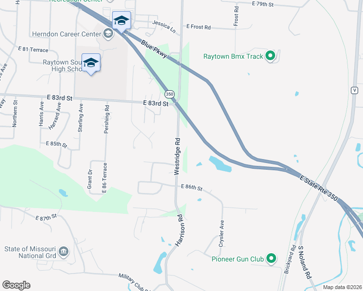 map of restaurants, bars, coffee shops, grocery stores, and more near 8409 Westridge Road in Raytown