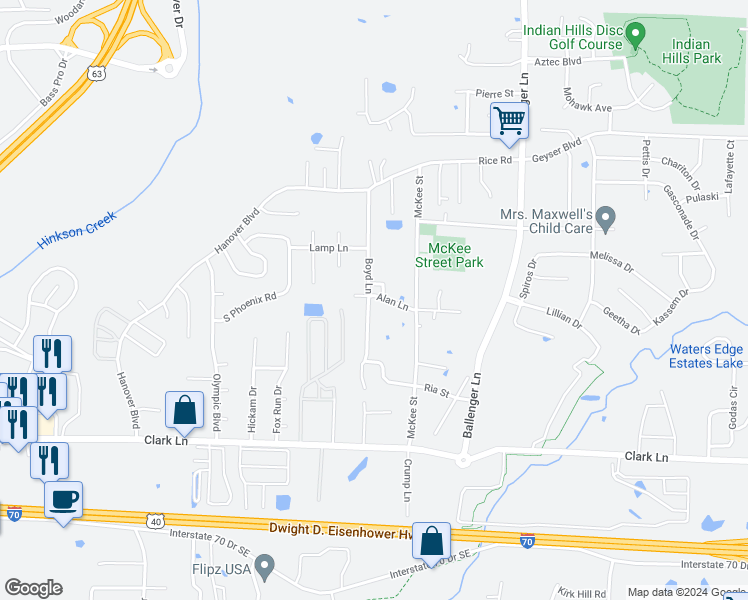 map of restaurants, bars, coffee shops, grocery stores, and more near 1608 Boyd Lane in Columbia