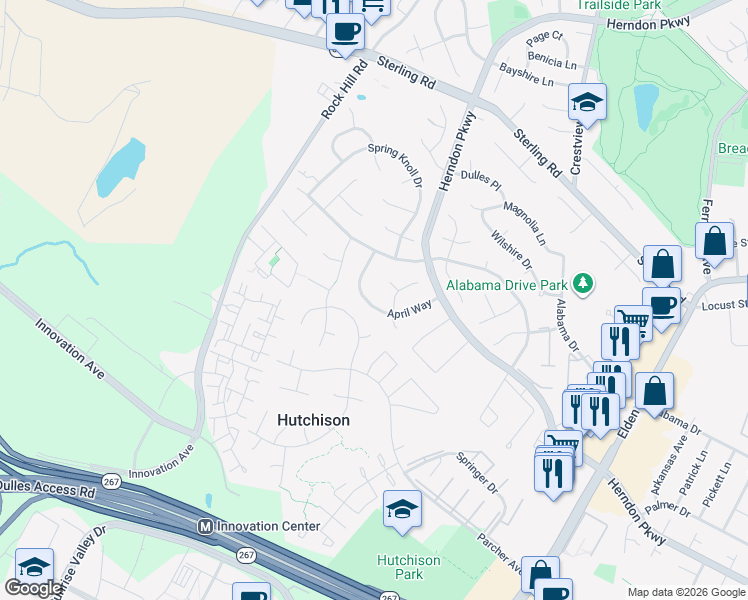map of restaurants, bars, coffee shops, grocery stores, and more near 1320 April Way in Herndon