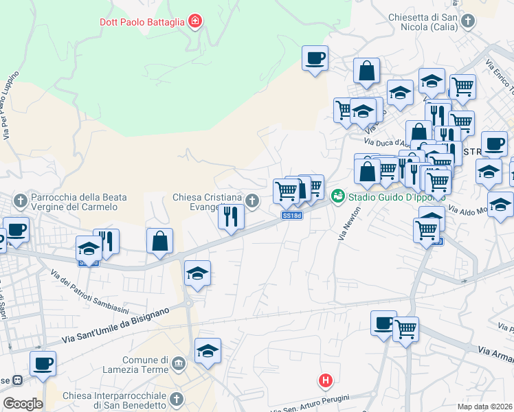 map of restaurants, bars, coffee shops, grocery stores, and more near 28 Contrada Canneto Cola in Lamezia Terme